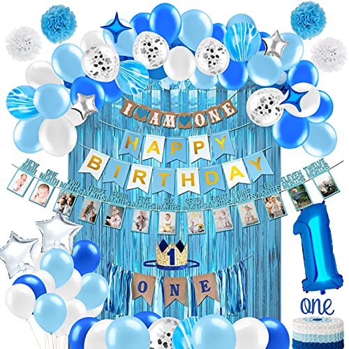 PartyHooman Boy 1st Birthday Decors Package With Photo Banner Backdrop Crown High Chair Banner Supplies - Image 1