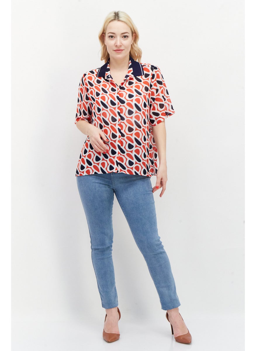 Pepe Jeans Women Spread Collar Short Sleeves Allover Print Blouse, Red Combo  - Image 2