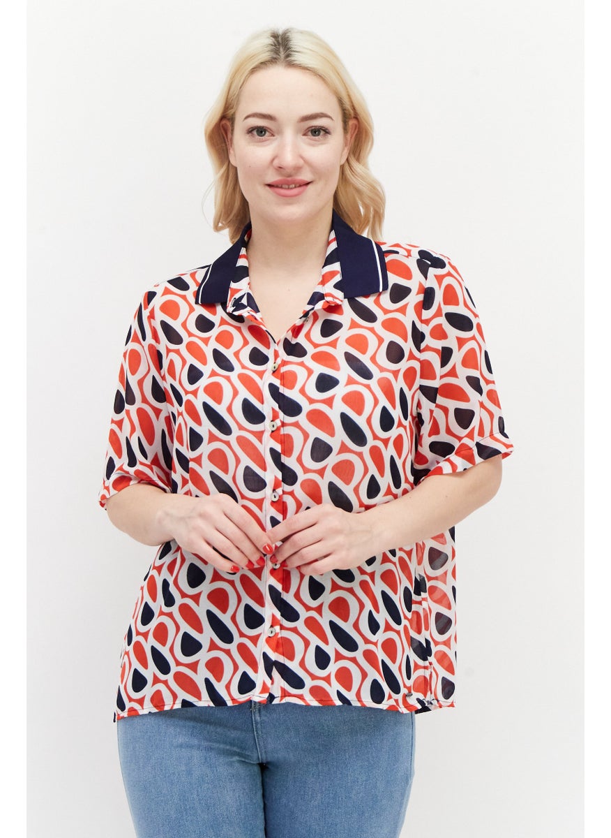 Pepe Jeans Women Spread Collar Short Sleeves Allover Print Blouse, Red Combo  - Image 1