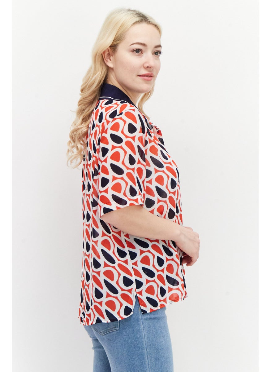 Pepe Jeans Women Spread Collar Short Sleeves Allover Print Blouse, Red Combo  - Image 3