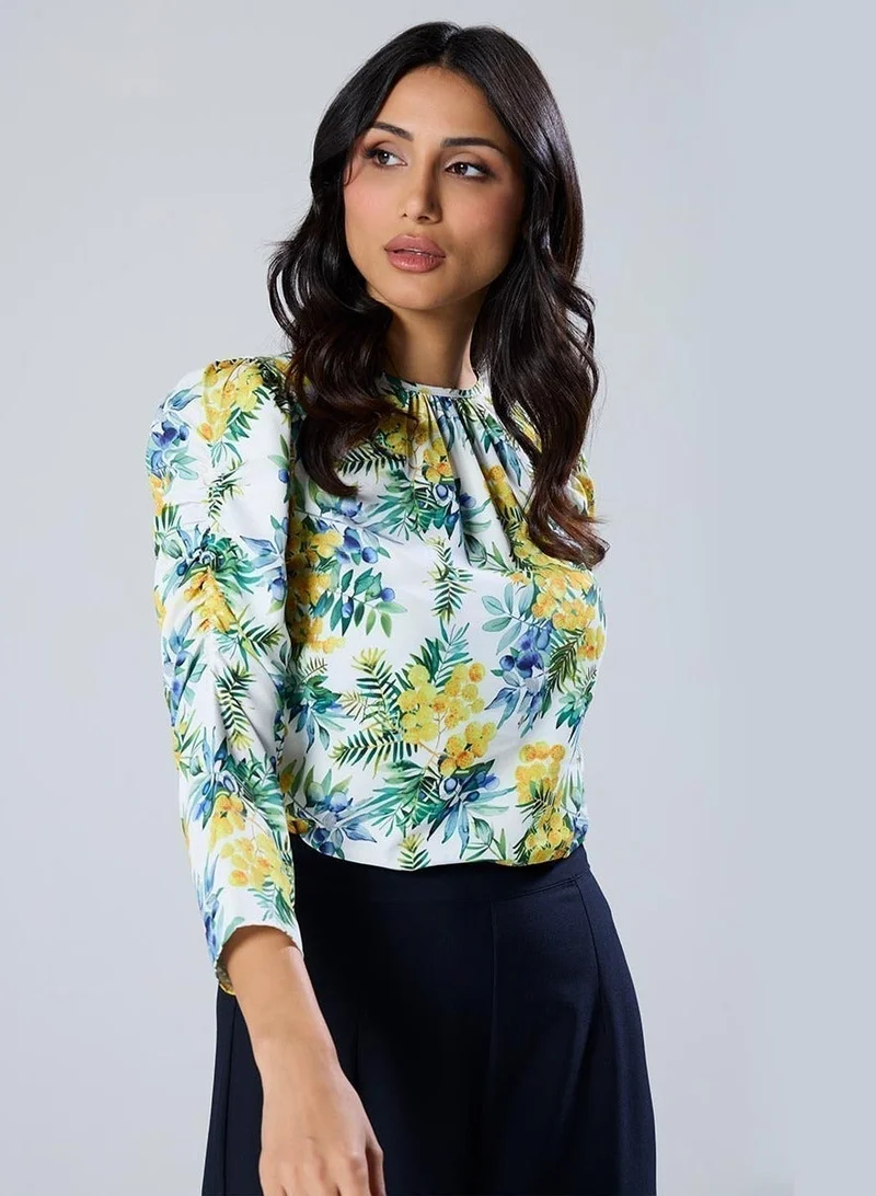 Zigzag Long Sleeve  Detailed Printed Chiffon Top