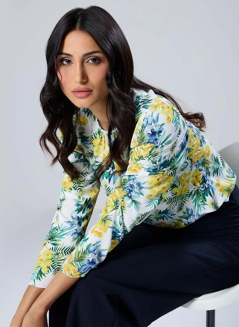 Zigzag Long Sleeve  Detailed Printed Chiffon Top