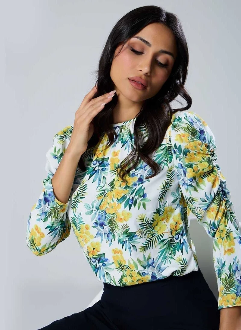 Zigzag Long Sleeve  Detailed Printed Chiffon Top