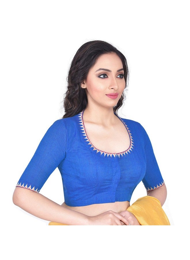 RENE Women's Cotton Embroidered Half Sleeve Blouse (D-005183-BLUE-42_Blue_42) - Image 2
