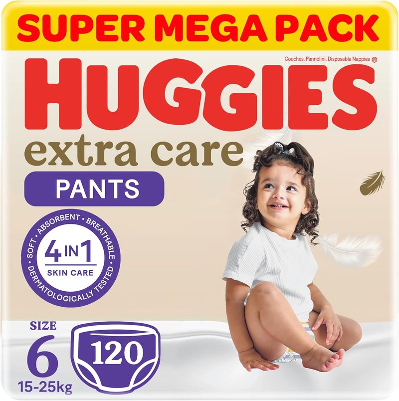 Huggies Extra Care Baby Culottes, Size 6 (15-25 kg), Super Mega Pack, 120 Diaper Pants - Image 1
