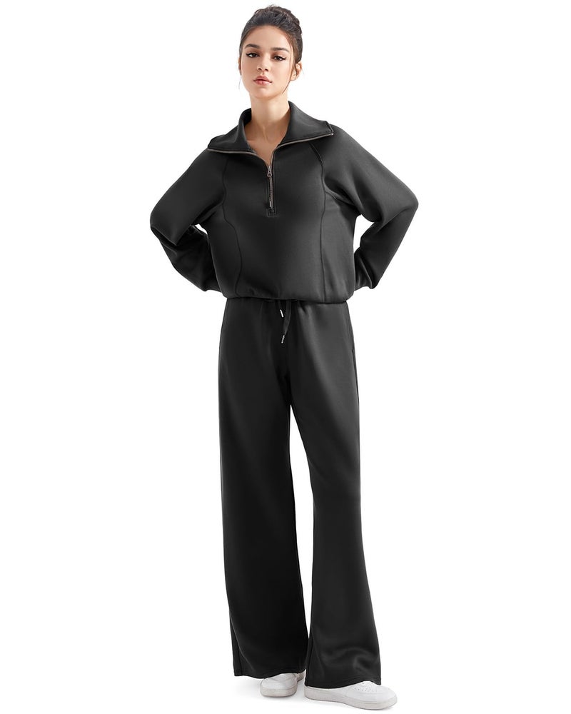 SUUKSESS Women 2 Piece Lounge Matching Sets Wide Leg Sweatpants Half Zip Oversized Sweatshirts (Black, M) - Image 5
