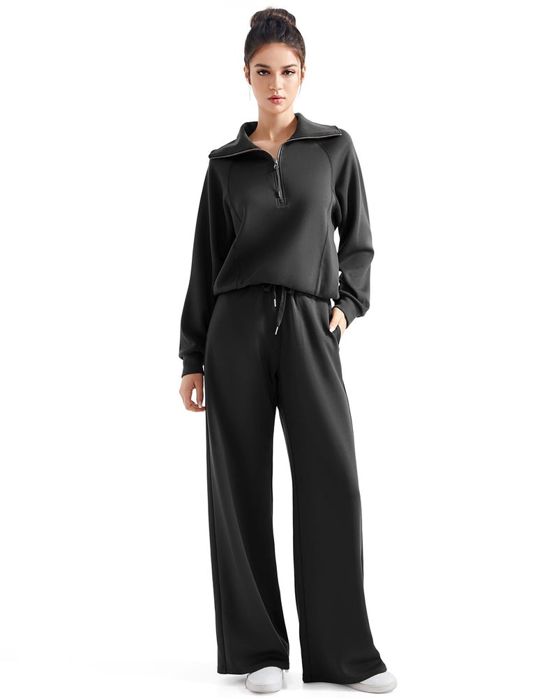 SUUKSESS Women 2 Piece Lounge Matching Sets Wide Leg Sweatpants Half Zip Oversized Sweatshirts (Black, M) - Image 1