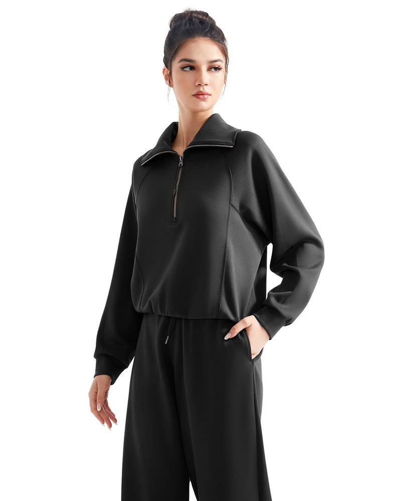 SUUKSESS Women 2 Piece Lounge Matching Sets Wide Leg Sweatpants Half Zip Oversized Sweatshirts (Black, M) - Image 2