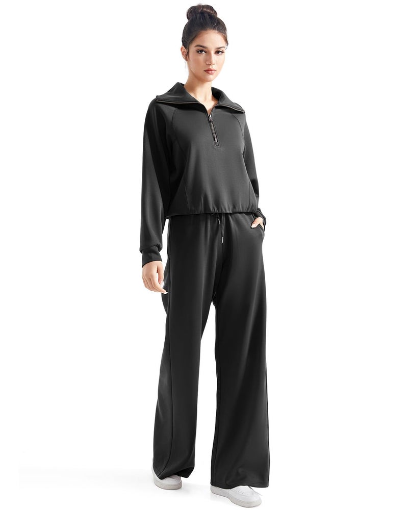 SUUKSESS Women 2 Piece Lounge Matching Sets Wide Leg Sweatpants Half Zip Oversized Sweatshirts (Black, M) - Image 4