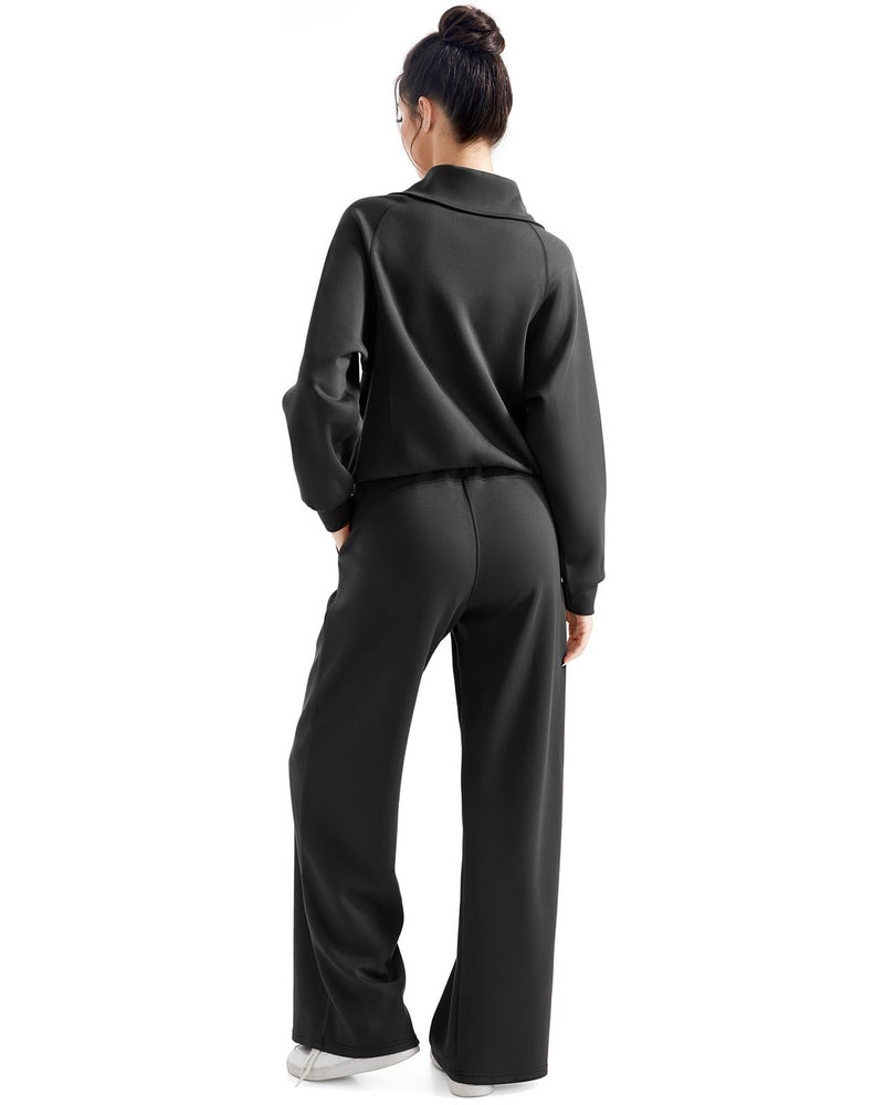 SUUKSESS Women 2 Piece Lounge Matching Sets Wide Leg Sweatpants Half Zip Oversized Sweatshirts (Black, M) - Image 3