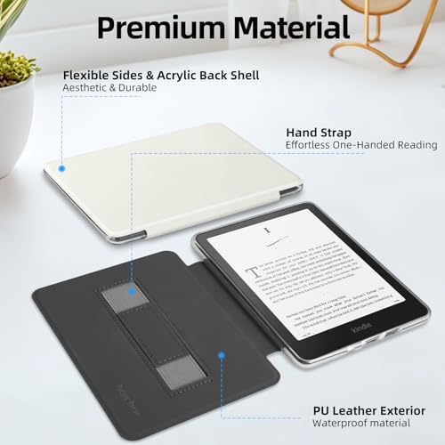 HOICHOE Case for All-New 7" Kindle Paperwhite 12th Gen 2024 and Kindle Colorsoft Signature Edition, Light PU Leather Cover and Transparent Hard Back with Hand Strap, Auto Sleep/Wake, Creamy White - Image 4