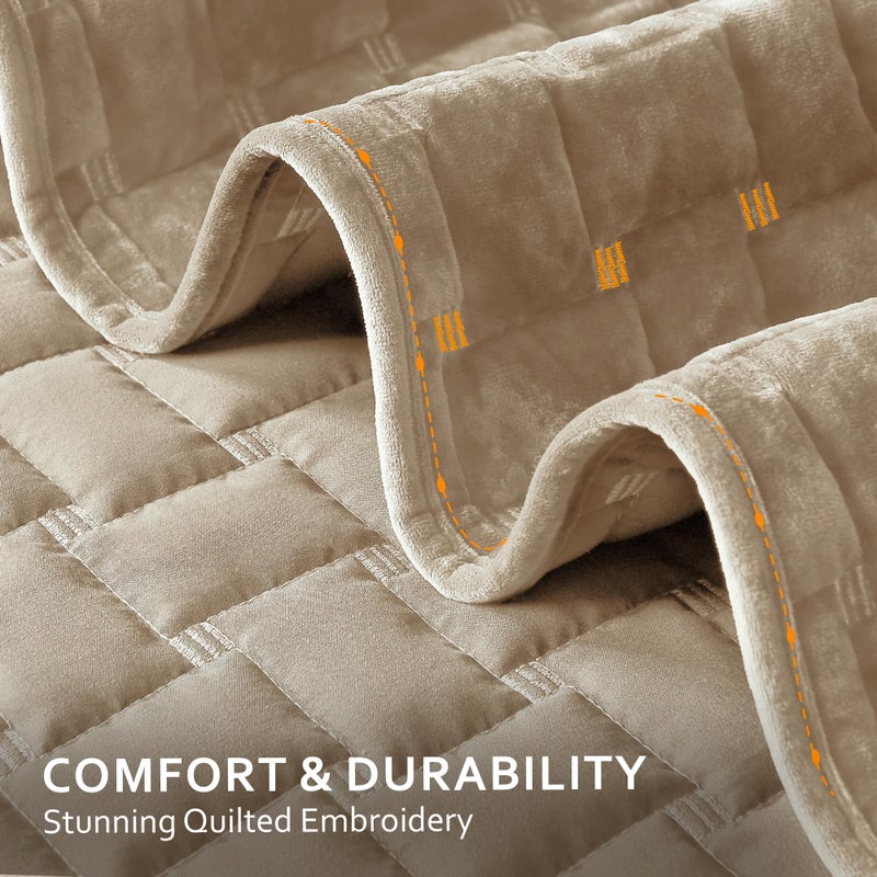 Grassix Velvet Quilt Set Queen Size, 3 Pieces Lightweight Velvet Comforter with Pillow Shams, Geometric Quilted Bedspread Coverlet Bedding Set for All Seasons, Beige Taupe, 90"x96" - Image 3