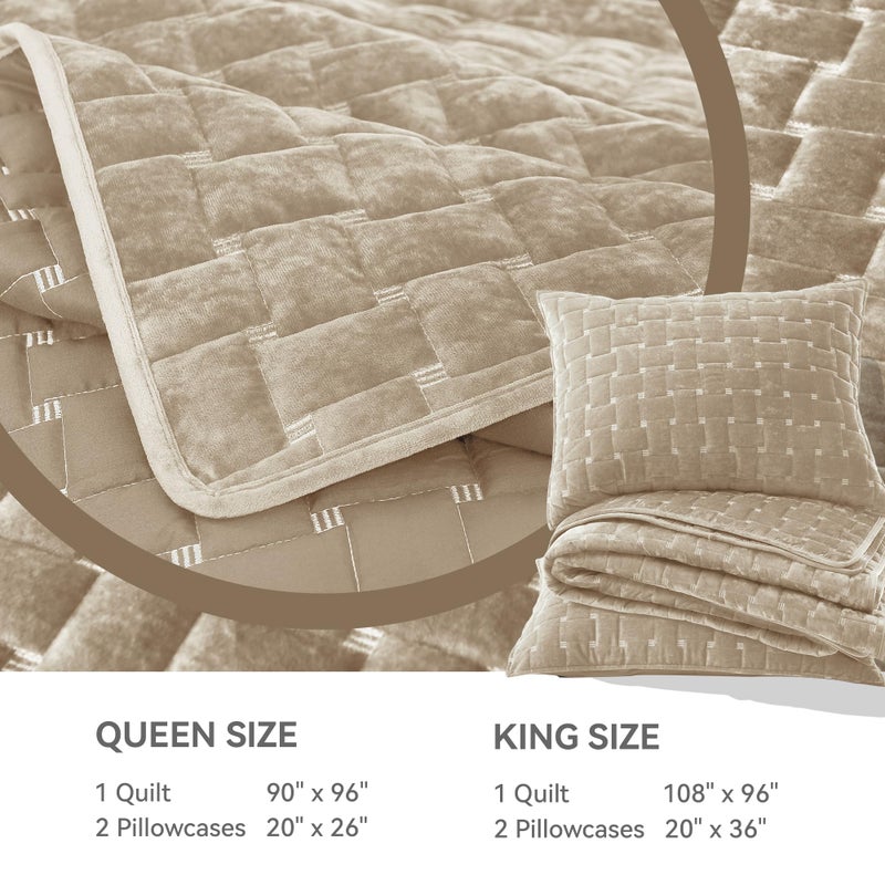Grassix Velvet Quilt Set Queen Size, 3 Pieces Lightweight Velvet Comforter with Pillow Shams, Geometric Quilted Bedspread Coverlet Bedding Set for All Seasons, Beige Taupe, 90"x96" - Image 5