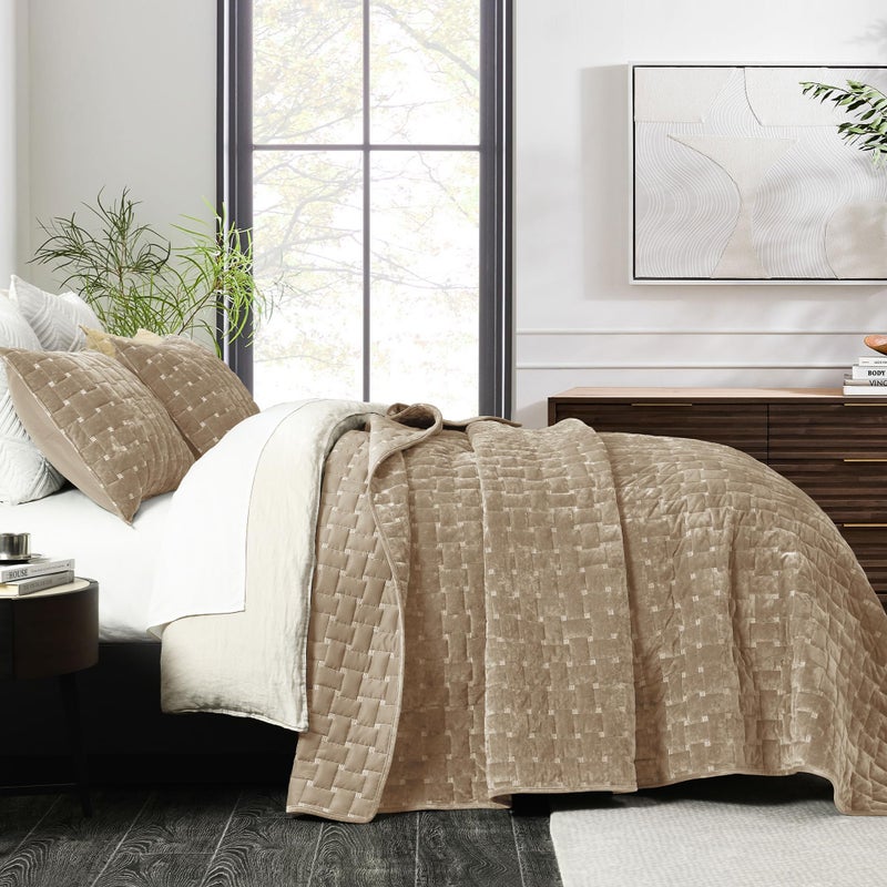 Grassix Velvet Quilt Set Queen Size, 3 Pieces Lightweight Velvet Comforter with Pillow Shams, Geometric Quilted Bedspread Coverlet Bedding Set for All Seasons, Beige Taupe, 90"x96" - Image 1
