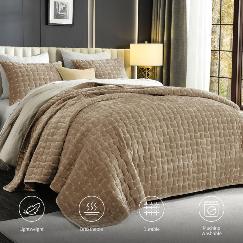 Grassix Velvet Quilt Set Queen Size, 3 Pieces Lightweight Velvet Comforter with Pillow Shams, Geometric Quilted Bedspread Coverlet Bedding Set for All Seasons, Beige Taupe, 90"x96" - Image 2