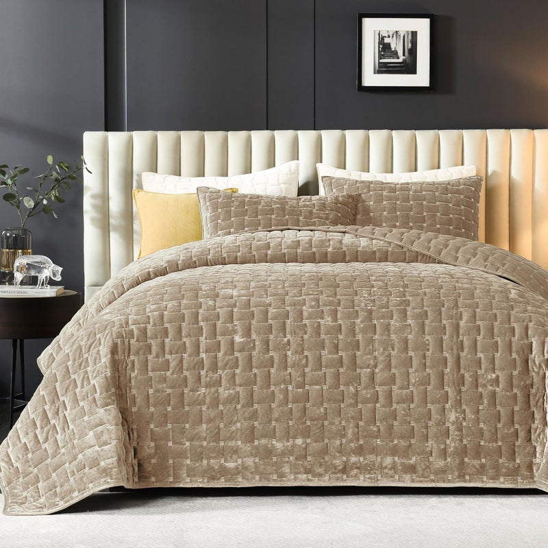 Grassix Velvet Quilt Set Queen Size, 3 Pieces Lightweight Velvet Comforter with Pillow Shams, Geometric Quilted Bedspread Coverlet Bedding Set for All Seasons, Beige Taupe, 90"x96" - Image 4