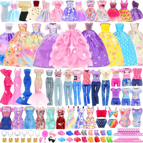 ENOCHT 80 PCS Doll Clothes and Accessories 5 Wedding Gowns 9 Fashion Dresses 3 Tops 3 Pants 1 Evening Dresses 2 Swimsuits Bikini 20 Hangers 18 Shoes and 22 Accessories Toys for 115 inch Doll - Image 1