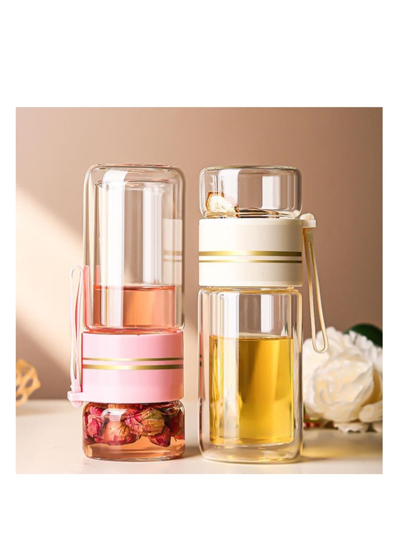 XiuWoo - Tea Infuser Bottle, Clear Double Wall Glass Water Bottle, Portable Travel Water Separation Tea Bottle Mug Cup with Tea Infuser for Women Men, 420ml, white - Image 1