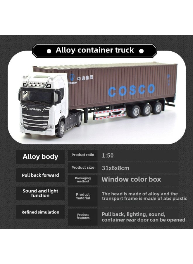 Simulation Tractor Semi-trailer Double-deck Transporter Alloy Container Truck Car Model With Sound And Light Children's Toys-Colour:White Scania Tractor + Brown Container Truck  - Image 1