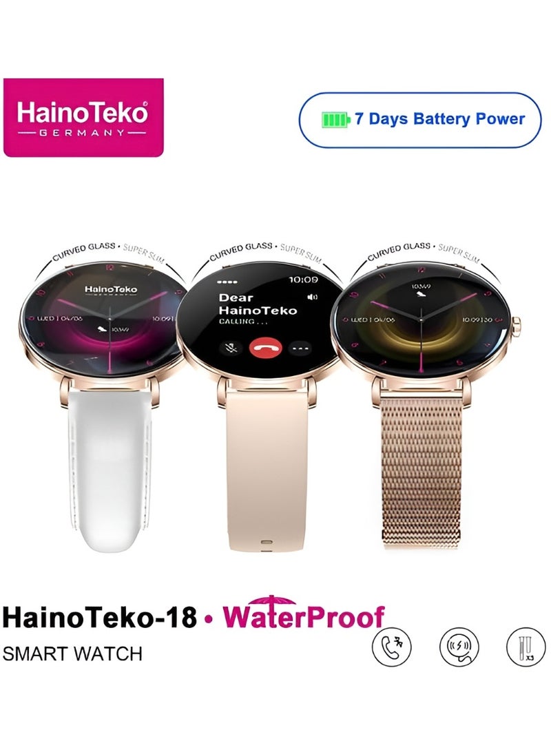 HainoTeko Germany Haino Teko Germany HainoTeko-18 Waterproof Smartwatch with Round AMOLED Display, Bluetooth Calling, and 3 Interchangeable Straps – Gold Edition - Image 2