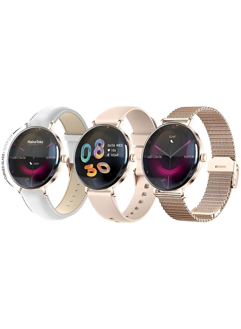 HainoTeko Germany Haino Teko Germany HainoTeko-18 Waterproof Smartwatch with Round AMOLED Display, Bluetooth Calling, and 3 Interchangeable Straps – Gold Edition - Image 1