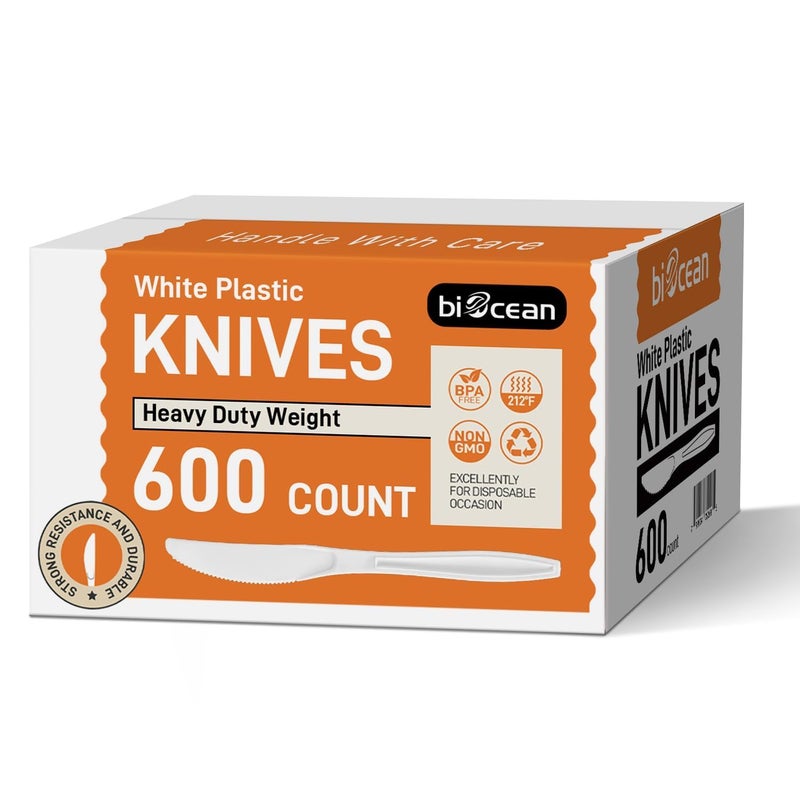 biocean 600Pack Disposable Plastic Knives Bulk White Heavy Duty Silverware - Value Pack Cutlery Set For Parties  Restaurant (600KNIVES) - Image 1