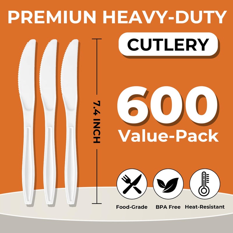 biocean 600Pack Disposable Plastic Knives Bulk White Heavy Duty Silverware - Value Pack Cutlery Set For Parties  Restaurant (600KNIVES) - Image 2