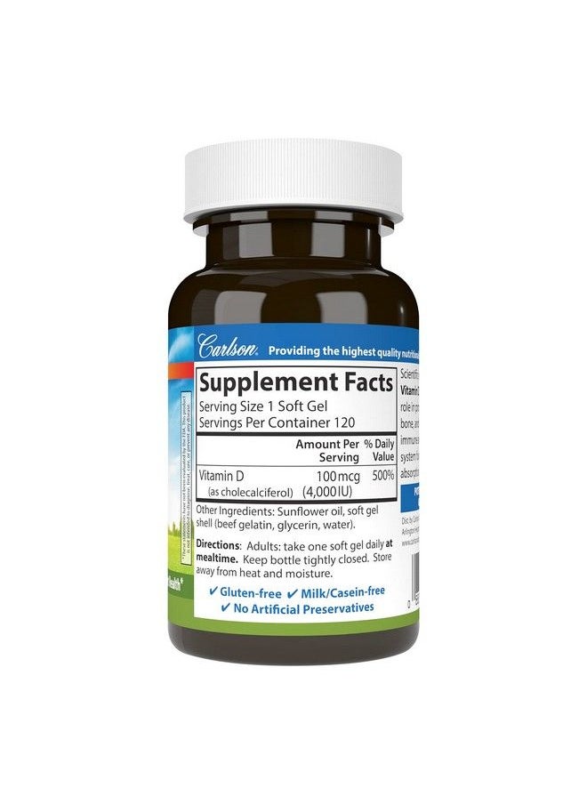 Carlson - Vitamin D3 4000 Iu (100 Mcg) Vitamin D Supplements Bone & Immune Health Cholecalciferol Supplement Gluten Free Vitamin D Capsules 120 Softgels - Image 1