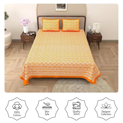 Värde Opulent Collection Double Bedsheet with 2 Pillow Cover | 100% Cotton Bedsheets for Double Bed | Handloom Bedsheet | Size 86x90 inches | King Size (90X102 Inches) (Tahiti Gold, King) - Image 2