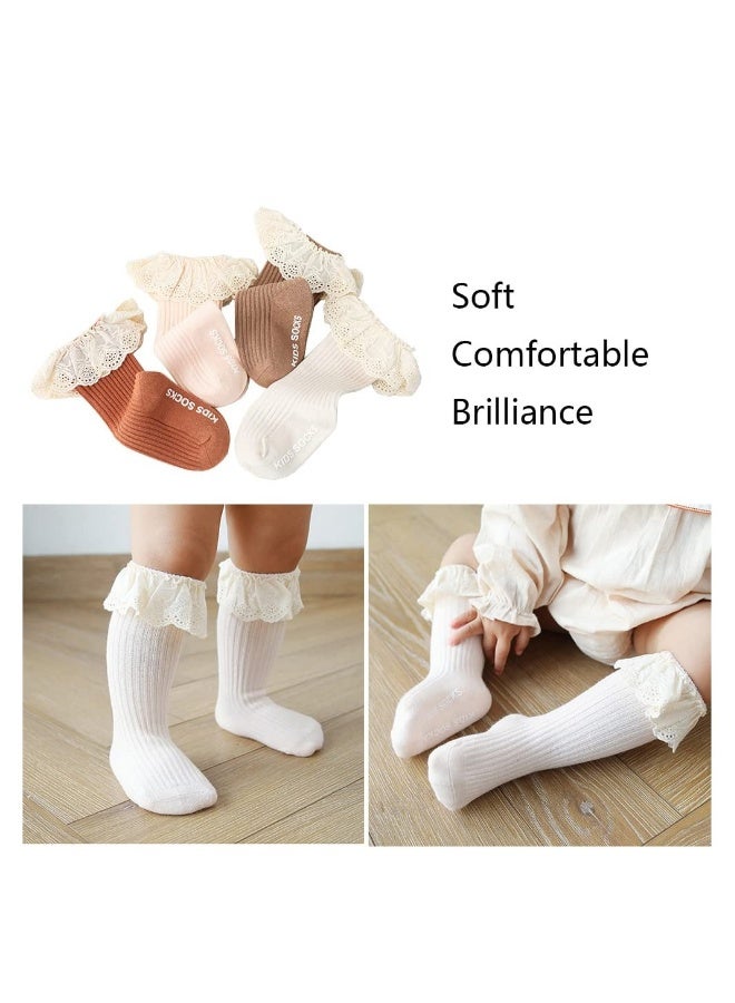 Baby Girls Knee High Socks, 4 Pack NewBorn Baby Girls Socks Toddler Cotton Knee High Stockings Lace Long Infant Ruffled Cute Princess Socks, 1-3 Years old - Image 3