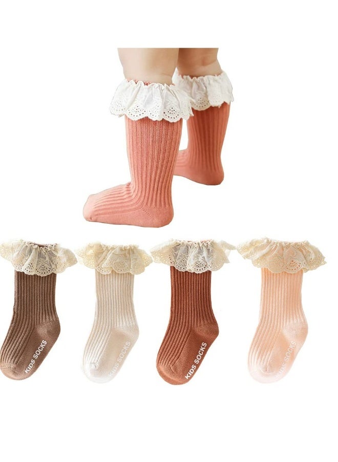 Baby Girls Knee High Socks, 4 Pack NewBorn Baby Girls Socks Toddler Cotton Knee High Stockings Lace Long Infant Ruffled Cute Princess Socks, 1-3 Years old - Image 1