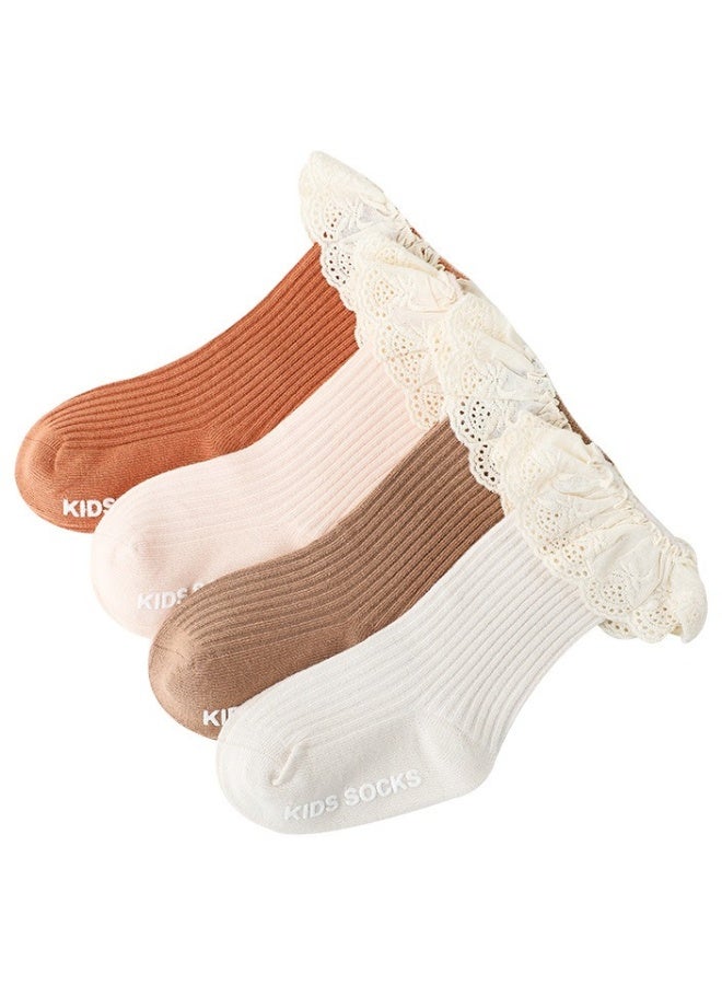 Baby Girls Knee High Socks, 4 Pack NewBorn Baby Girls Socks Toddler Cotton Knee High Stockings Lace Long Infant Ruffled Cute Princess Socks, 1-3 Years old - Image 5