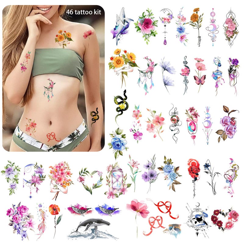 Roarhowl 46 pattern Fun tattoo  Flower Temporary Tattoos  Fake Tattoos for Women Girls 16 Sheets - Image 1