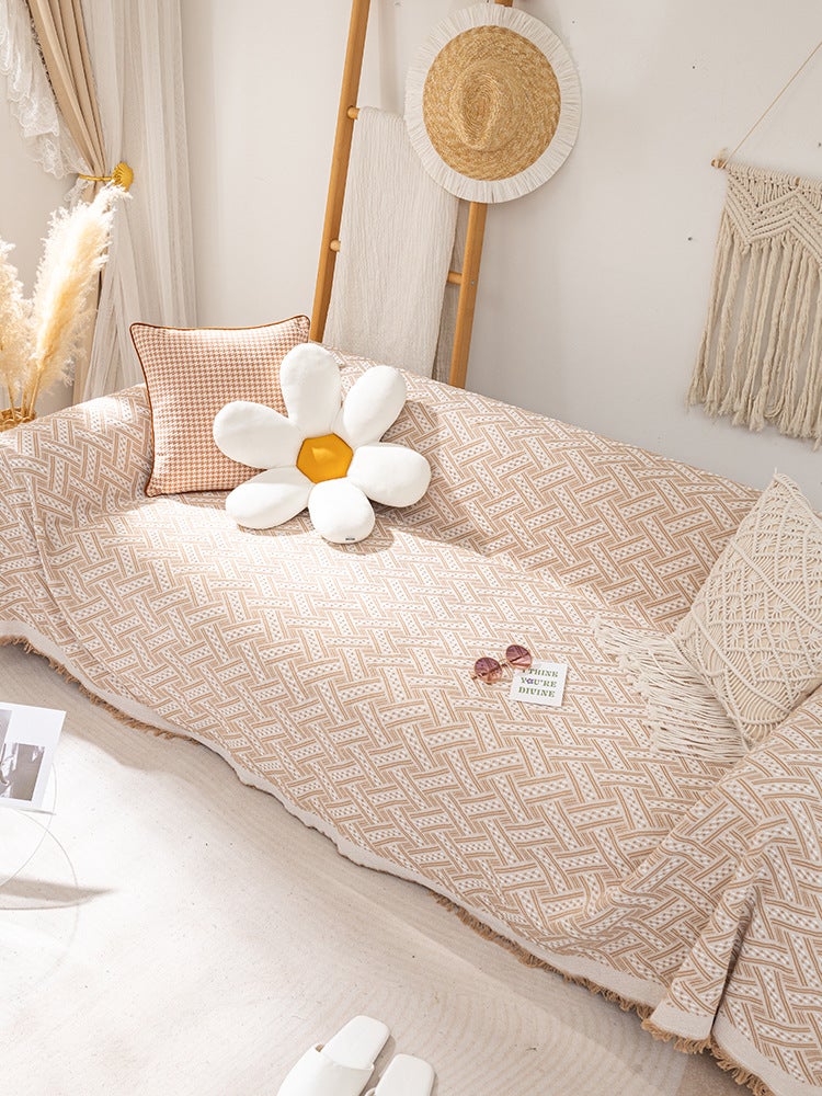 Knitted Universal Sofa Cover Nordic Ins Style T grid-Curry color [double-sided available | Three-year warranty]] 