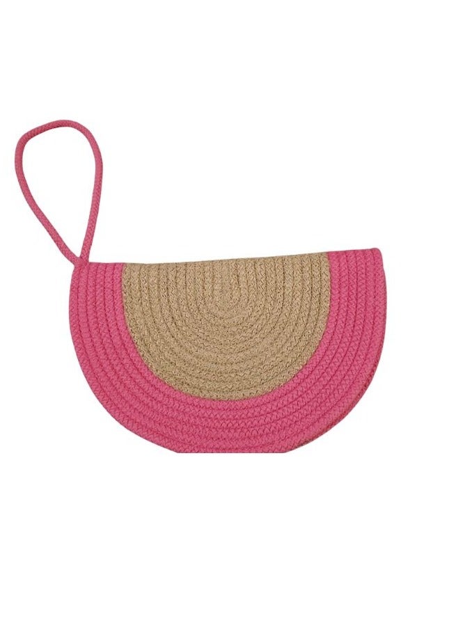 Women's Handmade Jute Clutch Bag 24 cm - Oval Beach Handbag with Fuchsia Trim - Beige - Image 1