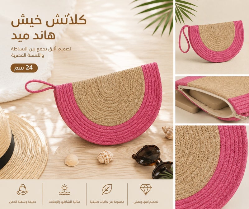 Women's Handmade Jute Clutch Bag 24 cm - Oval Beach Handbag with Fuchsia Trim - Beige - Image 2