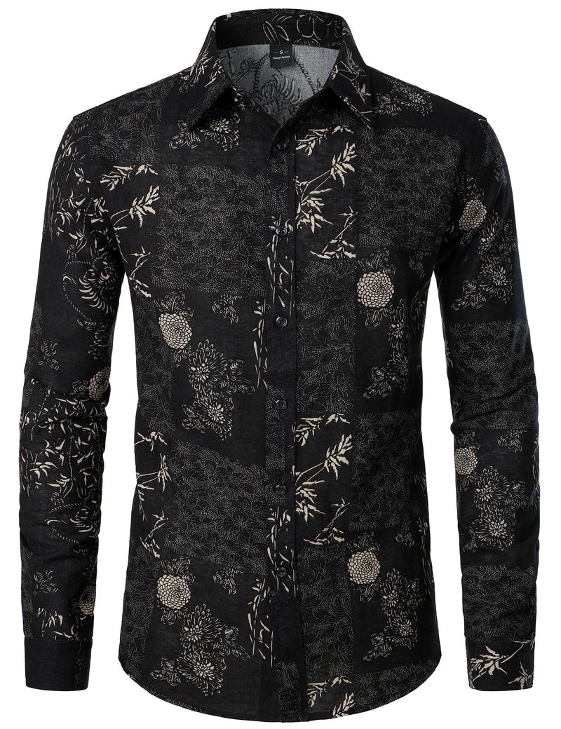 PARKLEES Men's Floral Printed Long Sleeve Shirts Retro Pattern Printed Cotton Linen Button Down Shirt Black Leaves Large - Image 1