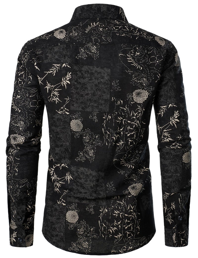 PARKLEES Men's Floral Printed Long Sleeve Shirts Retro Pattern Printed Cotton Linen Button Down Shirt Black Leaves Large - Image 3
