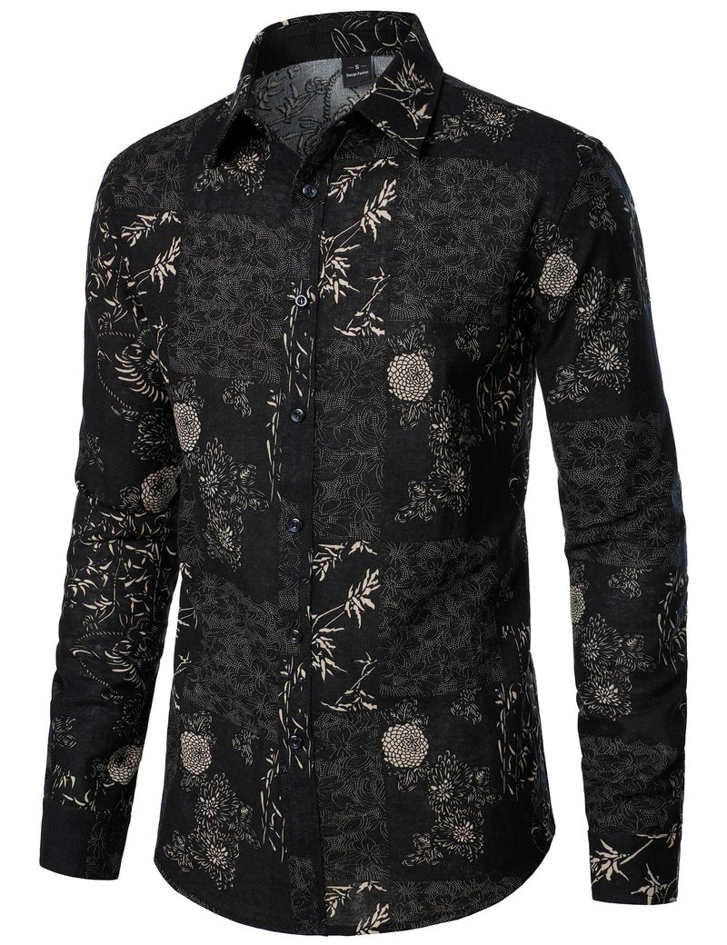 PARKLEES Men's Floral Printed Long Sleeve Shirts Retro Pattern Printed Cotton Linen Button Down Shirt Black Leaves Large - Image 2