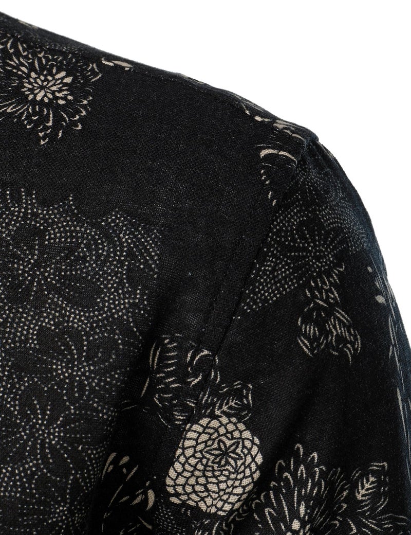 PARKLEES Men's Floral Printed Long Sleeve Shirts Retro Pattern Printed Cotton Linen Button Down Shirt Black Leaves Large - Image 5