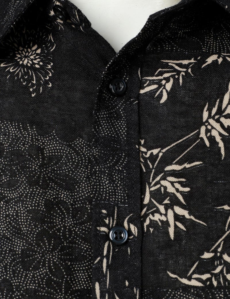 PARKLEES Men's Floral Printed Long Sleeve Shirts Retro Pattern Printed Cotton Linen Button Down Shirt Black Leaves Large - Image 4