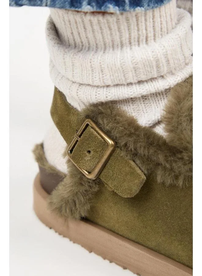 Manijero  (Holly 2 Fur Platform) Women's Genuine Leather Belted Buckle Sabo Khaki Sandal. for Women | Best Price UAE