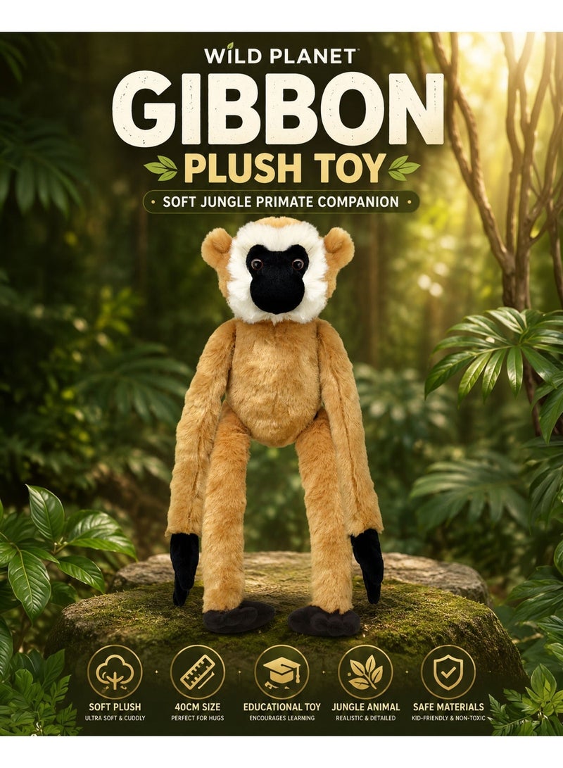 Wild Planet Gibbon Plush Toy 40CM Soft Jungle Monkey Stuffed Animal Realistic Primate Plush Doll Long Arm Cuddly Wildlife Educational Toy for Kids Boys Girls Hugging Sleeping Birthday Gift - Image 1