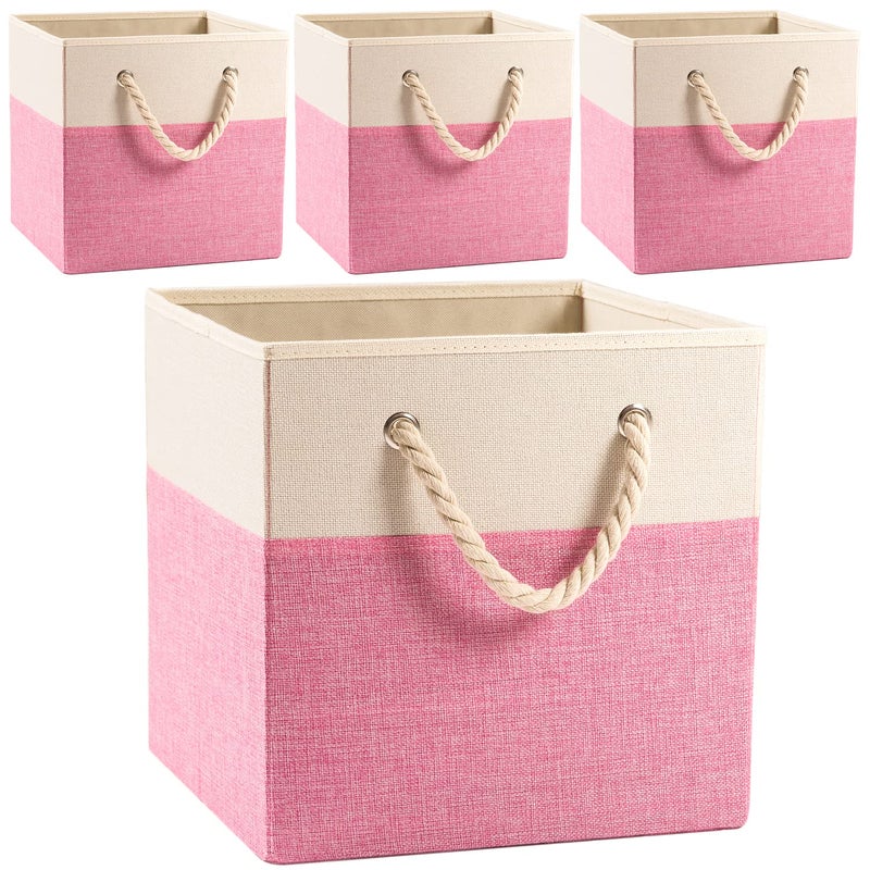 PRANDOM Cube Storage Bins 11x11 inch 4Pack Foldable Fabric Linen Storage Baskets Cubes Drawer with Cotton Handles Organizer for Shelves Nursery Closet Bedroom Pink