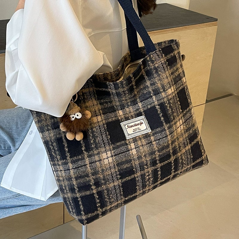 Large Capacity Check Wool Shoulder Tote Bag - Image 2
