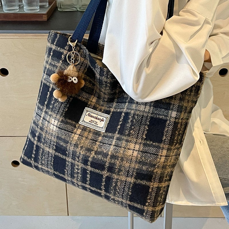 Large Capacity Check Wool Shoulder Tote Bag - Image 3