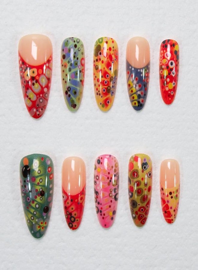 Mkwntg 30Pcs Spring Colorful Polka Dot Press on Nails Medium Almond Fake Nails French Tip Acrylic Nails Full Cover Artificial Reusable Peacock Vision Glossy Designs Stick on Nails for Women Manicure Decor - Image 1
