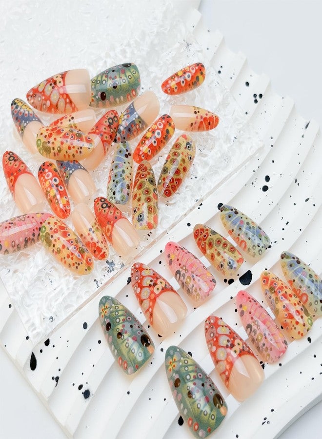 Mkwntg 30Pcs Spring Colorful Polka Dot Press on Nails Medium Almond Fake Nails French Tip Acrylic Nails Full Cover Artificial Reusable Peacock Vision Glossy Designs Stick on Nails for Women Manicure Decor - Image 5