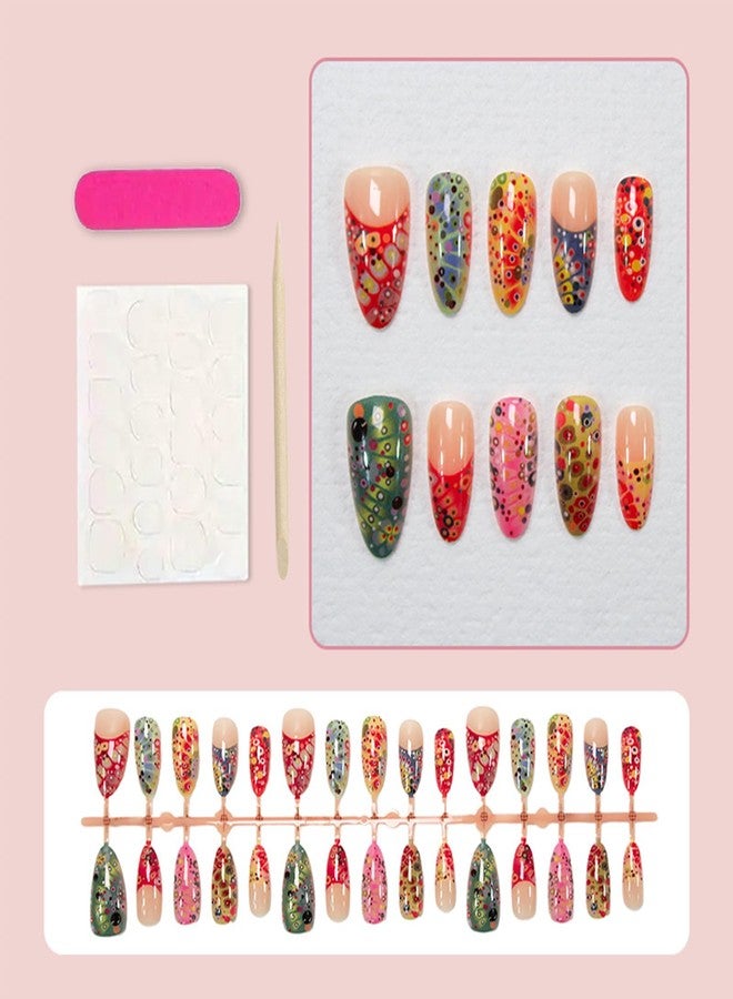 Mkwntg 30Pcs Spring Colorful Polka Dot Press on Nails Medium Almond Fake Nails French Tip Acrylic Nails Full Cover Artificial Reusable Peacock Vision Glossy Designs Stick on Nails for Women Manicure Decor - Image 2