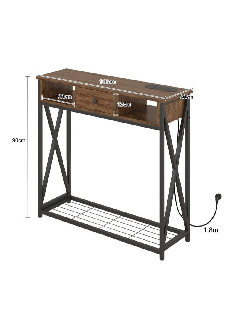 Modern design table, wood and iron console table, 1 drawer and 2 shelves, dark gray wood with dark frameEI-301 - pzsku/Z064DB2F6763E6B56896AZ/45/_/1735114644/278d628f-fb56-4f34-a9cd-fb0e5d9ade1c